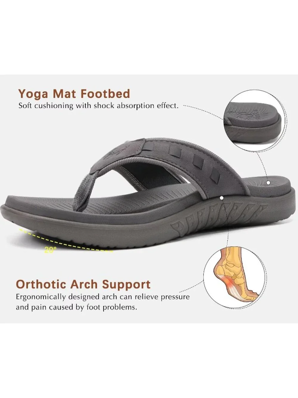 Men's Grey Fashion Arch Support Flip Flops Comfort Orthotic Thong Sandal Shoes